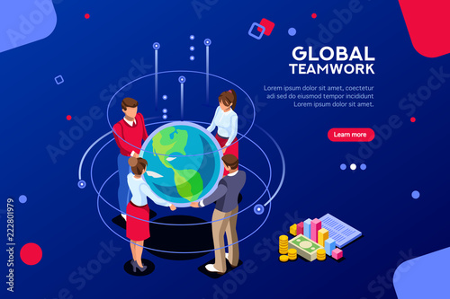 Search idea, new meeting profit, worker partner, staff strategy. Businesswoman presentation. Confident company investor corporate global colleague standing. World of flat isometric vector illustration