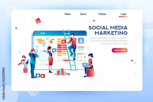 Social media marketing development, customer analysis, content analytics. Analyzing professional audience, advertisement like. Advertising target concept. Character, flat isometric vector illustration