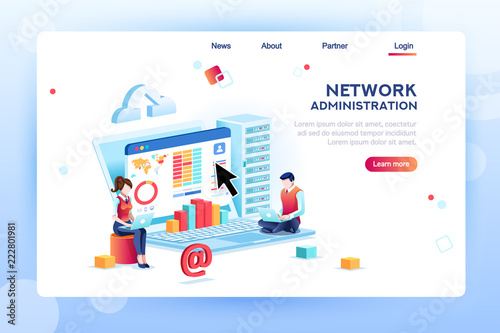 Data center repair information, administrator on network, lan concept. Character monitor and support, admin of website. Banner infographic icons flat isometric emblem flowchart vector illustration.