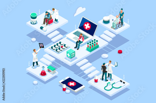 Persons at office, medical assistance. Patient room with healthcare insurer. Clinic insure a doctor. Insurance and assistance for physician. Concept with characters. Flat isometric vector illustration