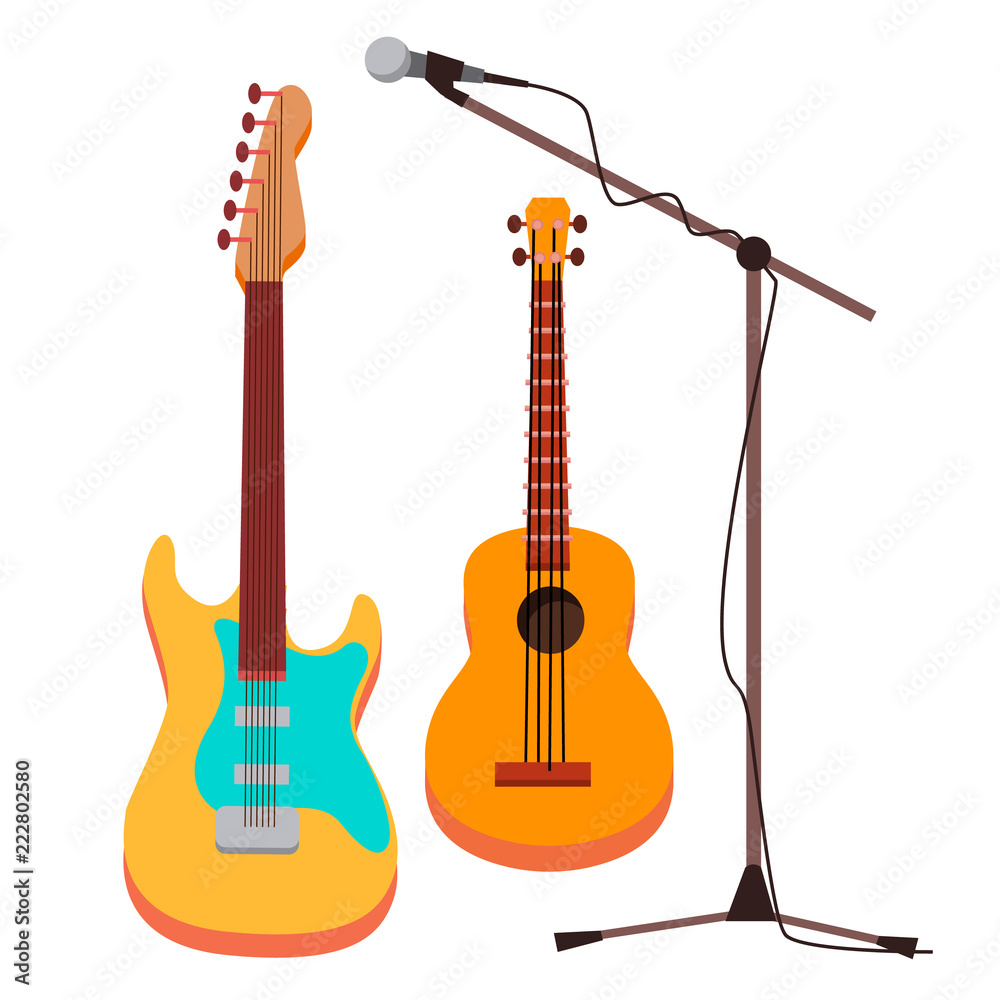 Obraz premium Guitar Vector. Electric, Classic. Microphone With Stand. String Musical Instrument. Isolated Cartoon Illustration