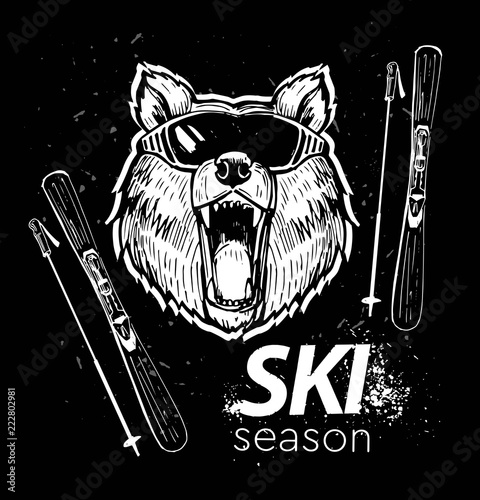 Bear skier in ski glasses. Hand drawn illustration converted to vector. Great for poster, labels, prints