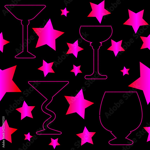Cocktail glasses silhouettes seamless pattern with pink stars on black background