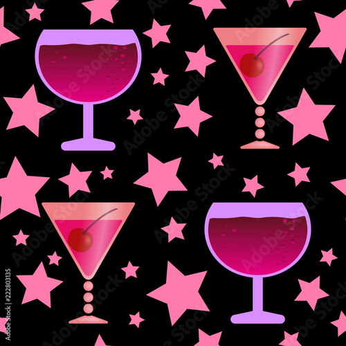 Cocktail glasses seamless pattern with pink stars on black background