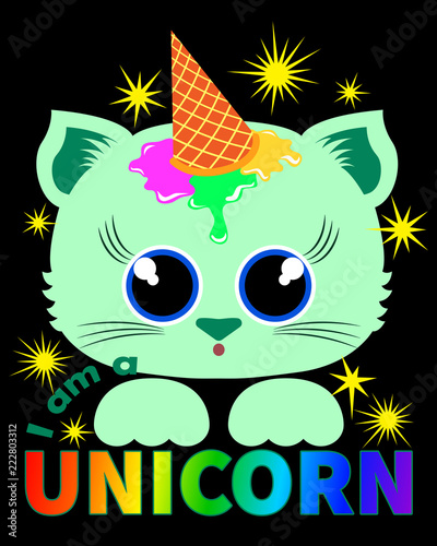 Сute cat with ice cream on the forehead dreaming of becoming a unicorn