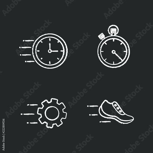 Motion chalk icons set. Speed. Flying clock, stopwatch, gear, sneaker. Isolated vector chalkboard illustrations