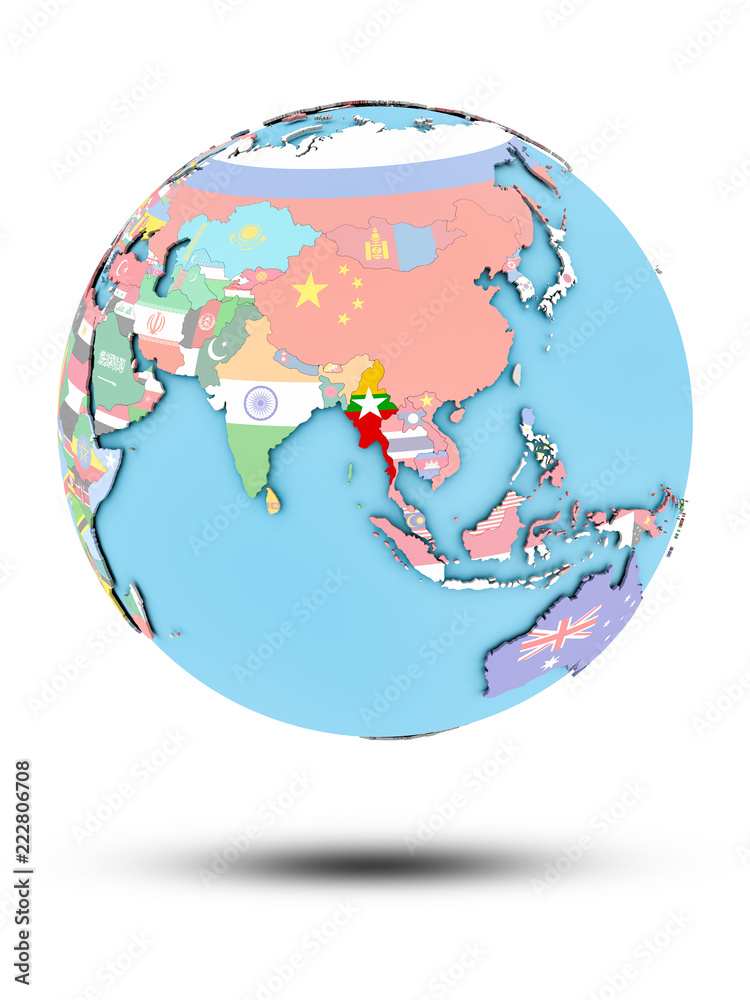 Obraz premium Myanmar on political globe with flags