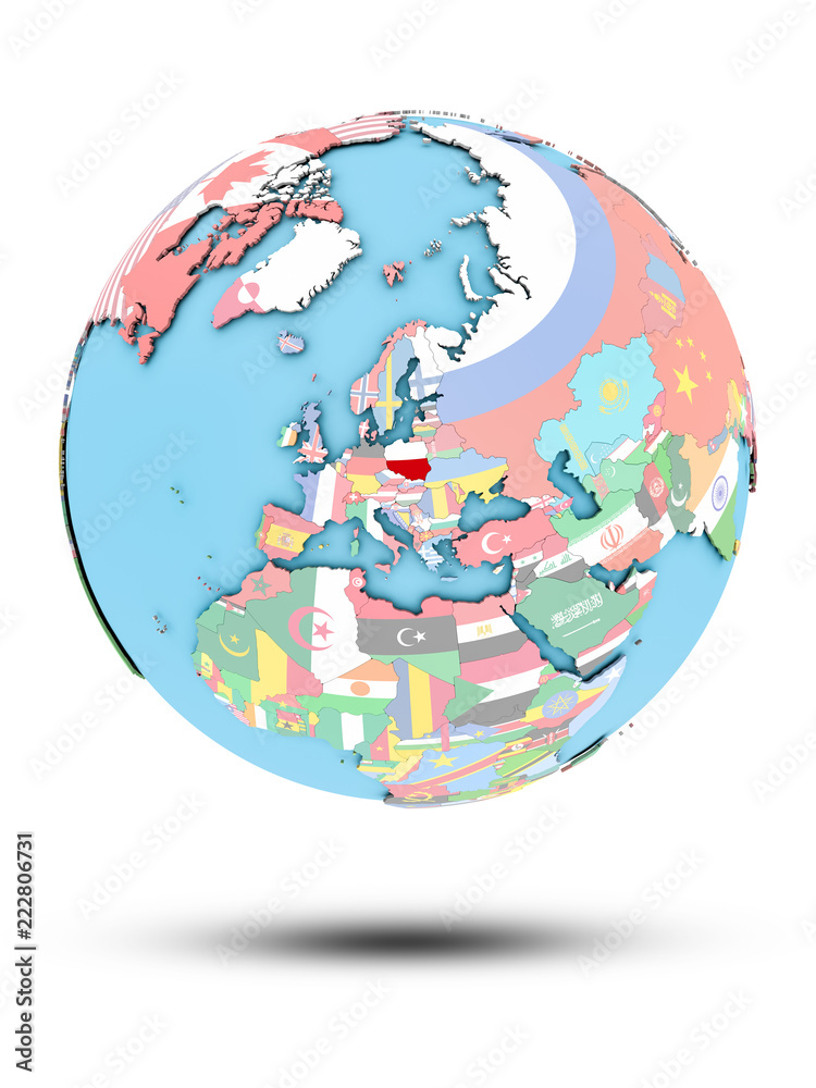 Obraz premium Poland on political globe with flags