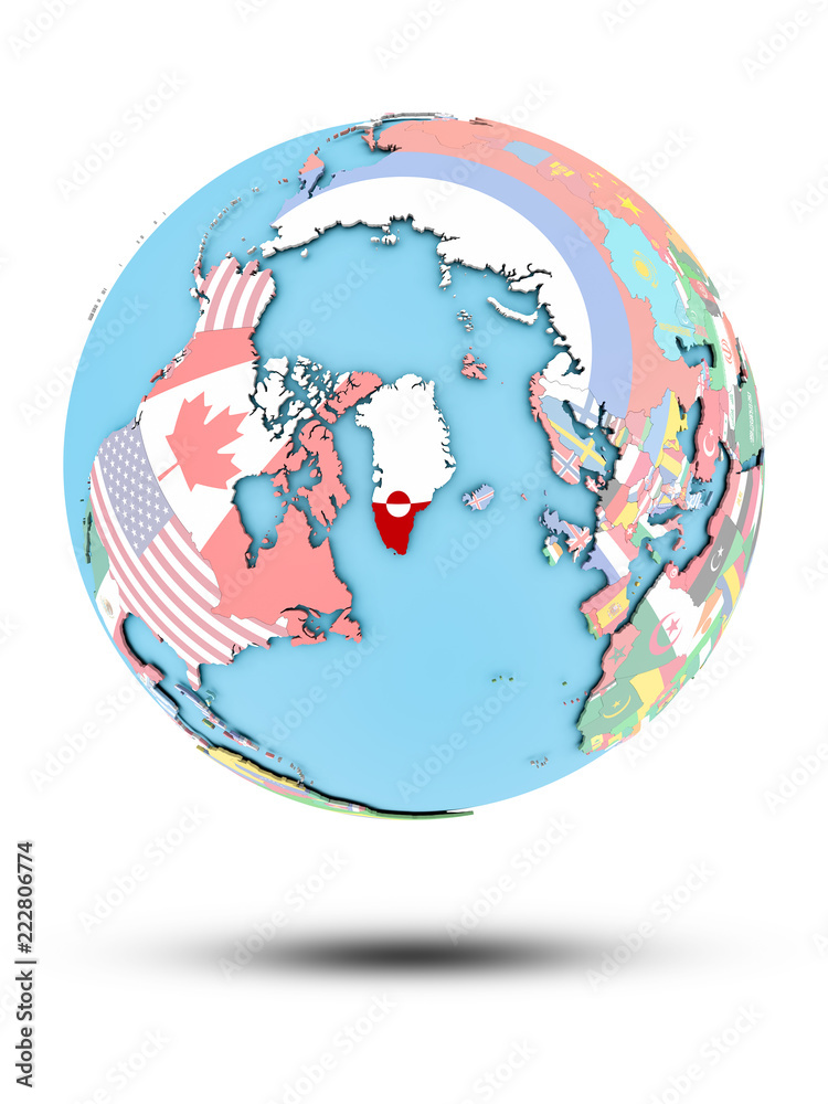 Obraz premium Greenland on political globe with flags