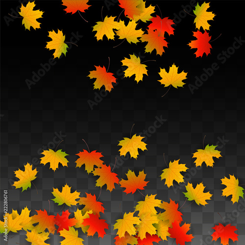 September Vector Background with Golden Falling Leaves. Autumn Illustration with Maple Red  Orange  Yellow Foliage. Isolated Leaf on Transparent Background. Bright Swirl. Suitable for Posters.
