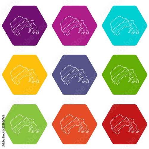 People overturned car icons 9 set coloful isolated on white for web