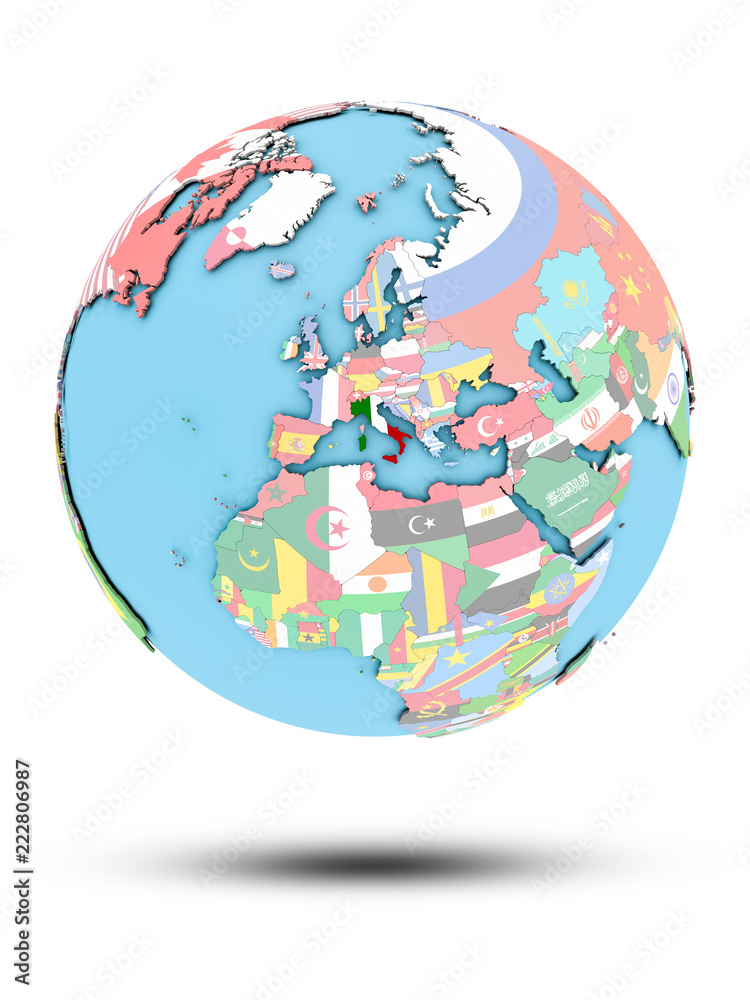 Obraz premium Italy on political globe with flags