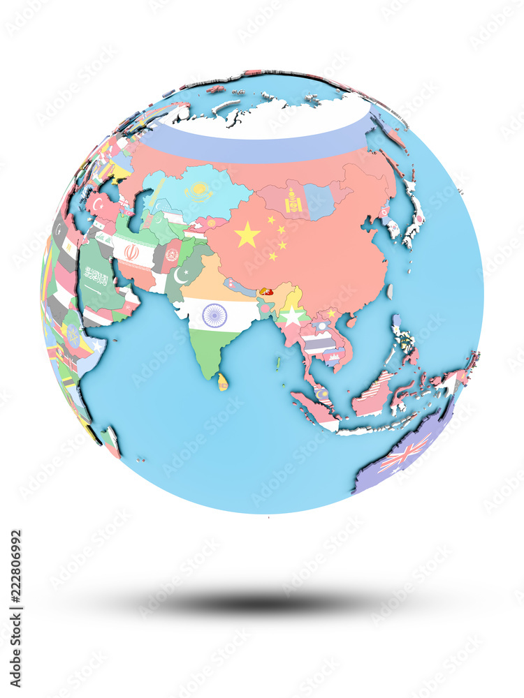 Fototapeta premium Bhutan on political globe with flags