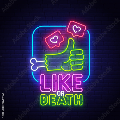 Happy Halloween neon sign, bright signboard, light banner. Halloween greeting card. Zombie Hand, Thumbs up logo, emblem. Vector illustration