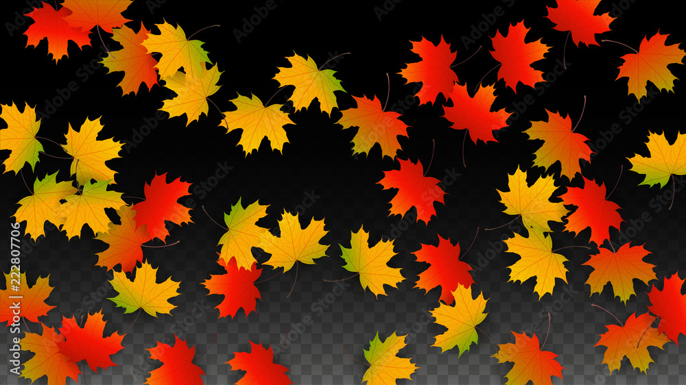 September Vector Background with Golden Falling Leaves. Autumn Illustration with Maple Red, Orange, Yellow Foliage. Isolated Leaf on Transparent Background. Bright Swirl. Suitable for Posters.