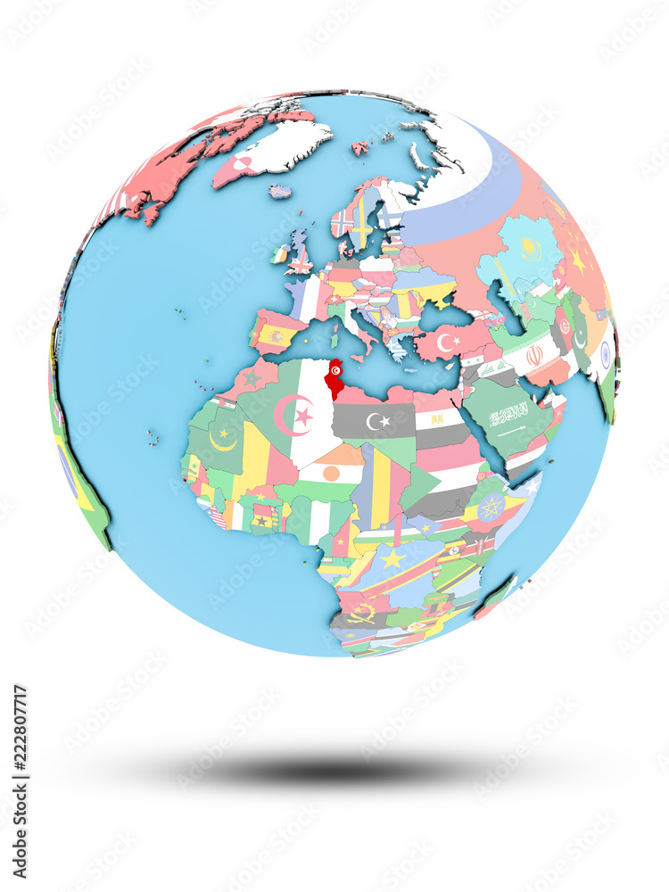 Tunisia on political globe with flags Tunisia on political globe with flags