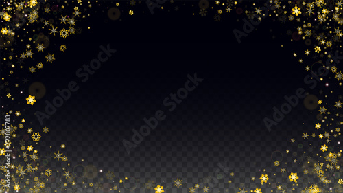 Christmas  Vector Background with Gold Falling Snowflakes Isolated on Transparent Background. Realistic Snow Sparkle Pattern. Snowfall Overlay Print. Winter Sky. Design for Party Invitation.
