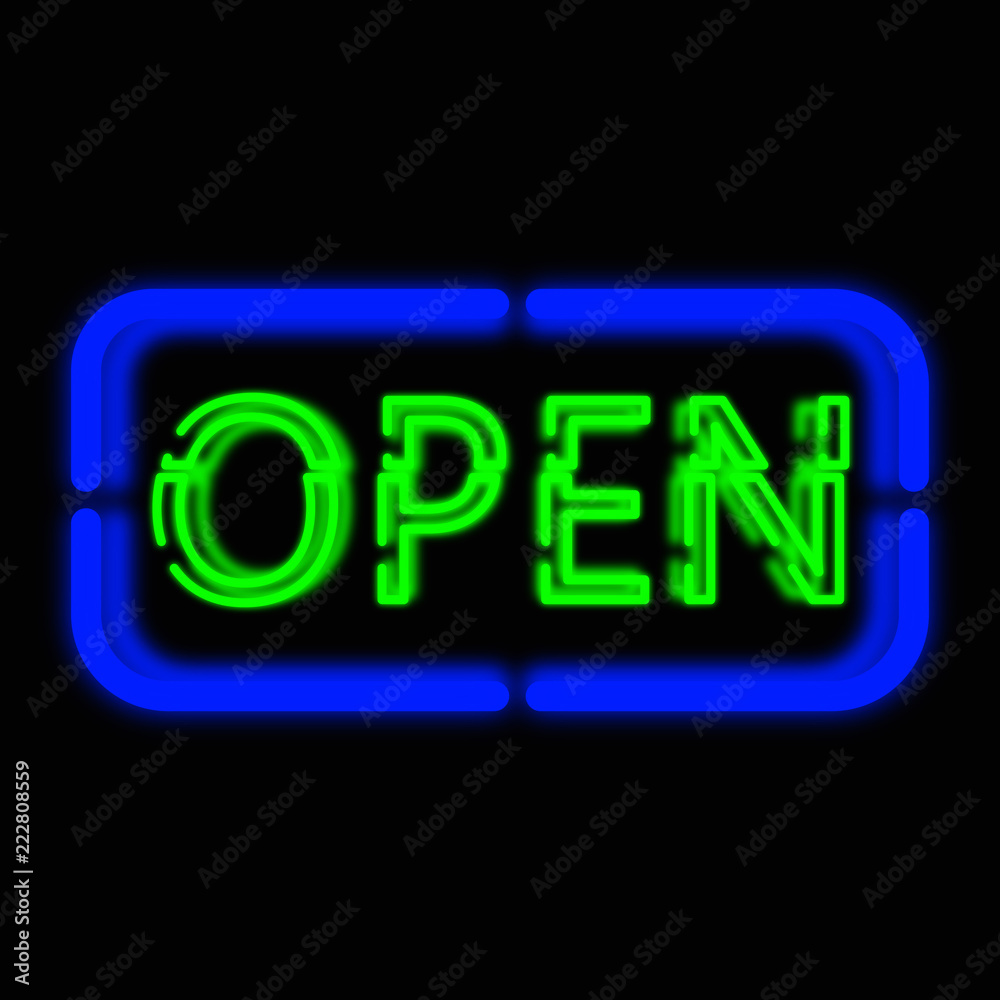 The neon text of the inscription is open. The neon text of the inscription is open.