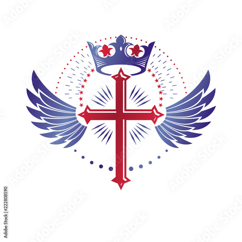 Cross Religious graphic emblem created using imperial crown and angel wings, Christian crucifixion. Heraldic Coat of Arms, vintage vector logo isolated on white background.