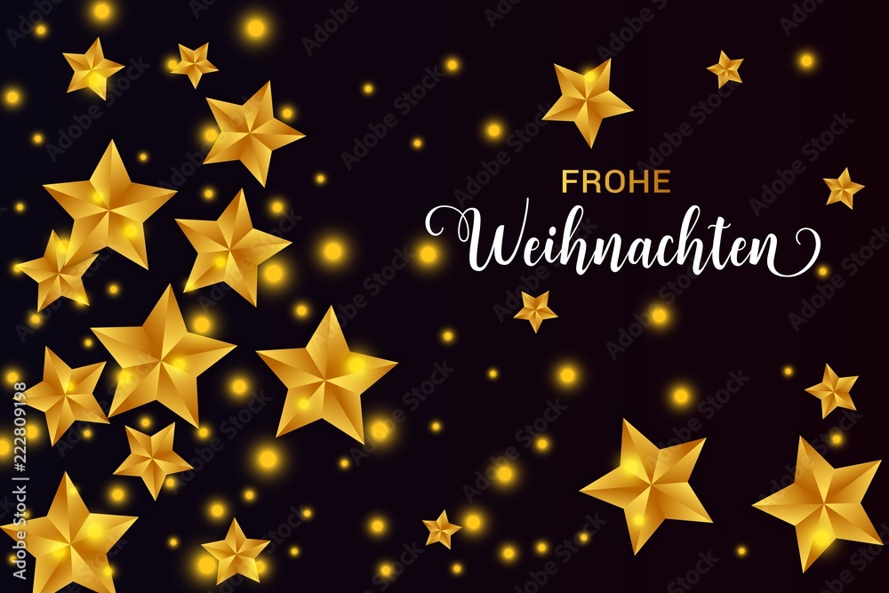 Frohe Weihnachten german text. Christmas vector card with golden stars and round confetti on black background.