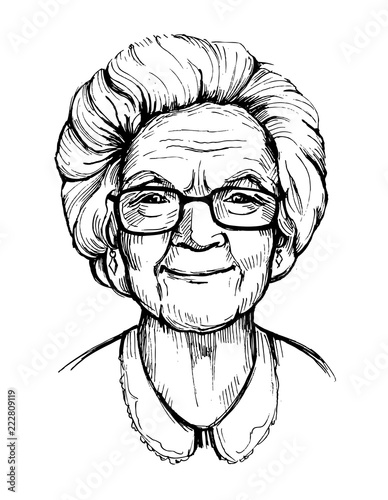 Sketch of old woman face, pensioner. Grandma. Hand drawn vector