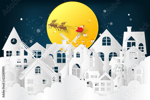Santa Claus on Sleigh and Reindeer over the snow city clouds and merry christmas in the winter background as holiday and x'mas day concept. vector illustration.