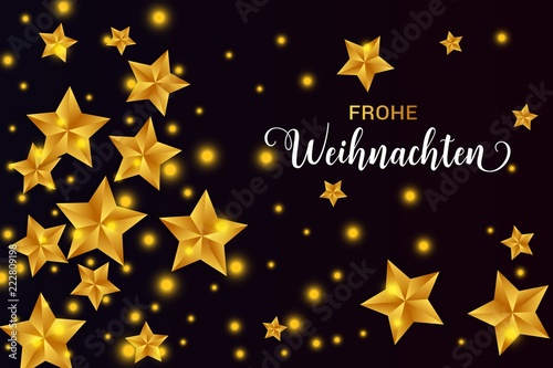 Frohe Weihnachten german text. Christmas vector card with golden stars and round confetti on black background.