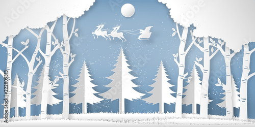 Santa Claus on the sky in the winter season with trees , forest and snow  as Paper art and digital craft style concept. vector illustration