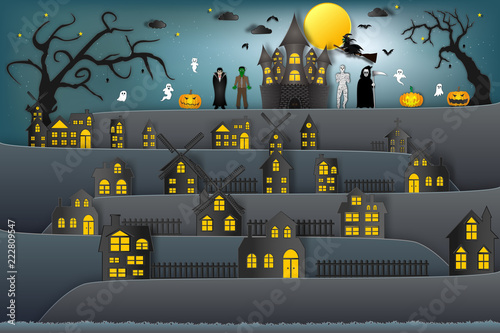 Party in the dark night halloween festival and full moon background as happy, paper art and craft style concept. vector illustration.