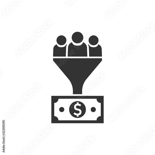 Lead management icon in flat style. Funnel with people, money vector illustration on white isolated background. Target client business concept.