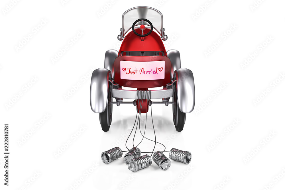 3d rendering rear view of the red retro pedals car with Just Married banner sign and rope tied cans at the bumper, isolated on white background with clipping paths. 3d rendering rear view of the red retro pedals car with Just Married banner sign and rope tied cans at the bumper, isolated on white background with clipping paths.