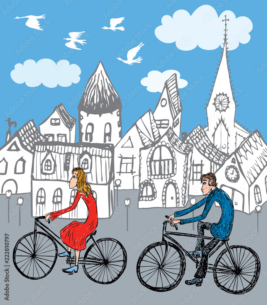 Vector image of young people biking around the city