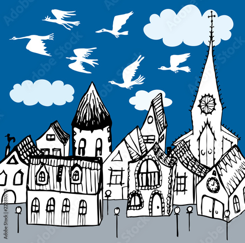 Vector image of  birds flying over fabulous city