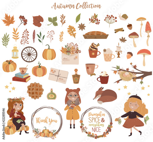 Set of cute Autumn elements. Hello Autumn, fall season icons collection. Editable vector illustration