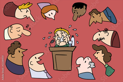 A businessman at a podium is afraid of speaking publicly, because he feels the audience staring at him.