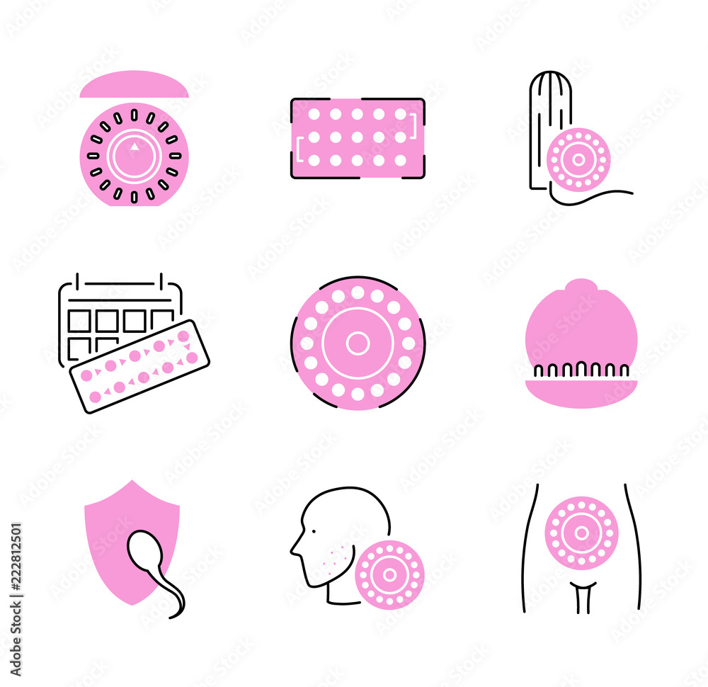 Birth control pills icon collection set. Pregnancy prevention illustration. - obrazy, fototapety, plakaty 