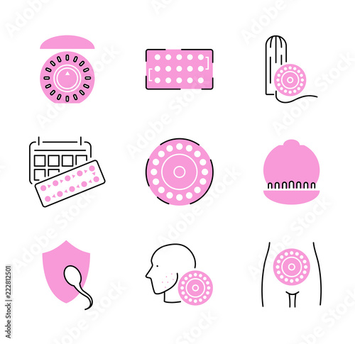 Birth control pills icon collection set. Pregnancy prevention illustration.