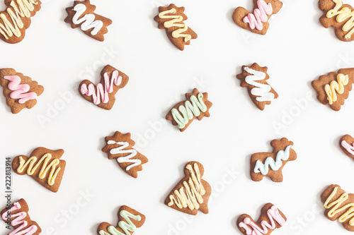 Christmas composition. Christmas gingerbread cookies on white background. Flat lay, top view