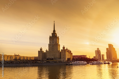 Cityscape and Landscape of downtown Moscow with Modern skyscrapers, office building and Moskva river over Sunset sky, Moscow City, Russia