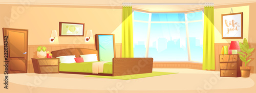 Bedroom interior modern flat with a bed, nightstand, wardrobe and window and plant. Vector cartoon illustration