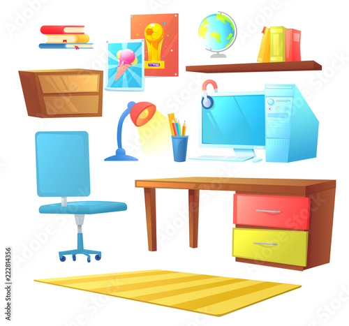 Workplace room interior design set object. With bed, workplace with desk and pc computer, shelves