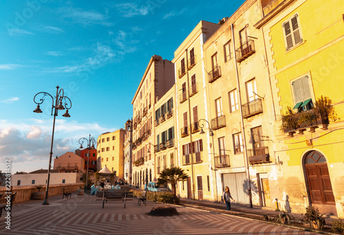 Sunset view of Via Santa Croce in Cagliari, Italy