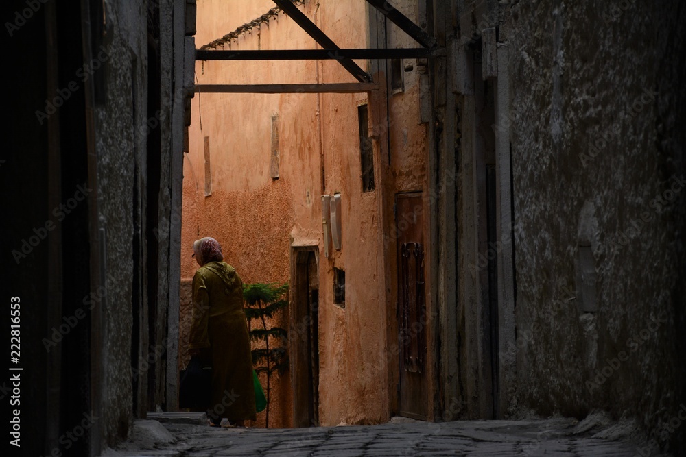Fototapeta premium Muslim woman with shopping bag on the street of medina, Fez, Morocco