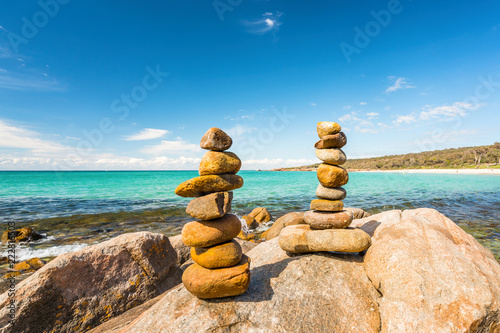 Rock balancing art at Meelup Beach near Dunsborough  Western Australia  Australia.