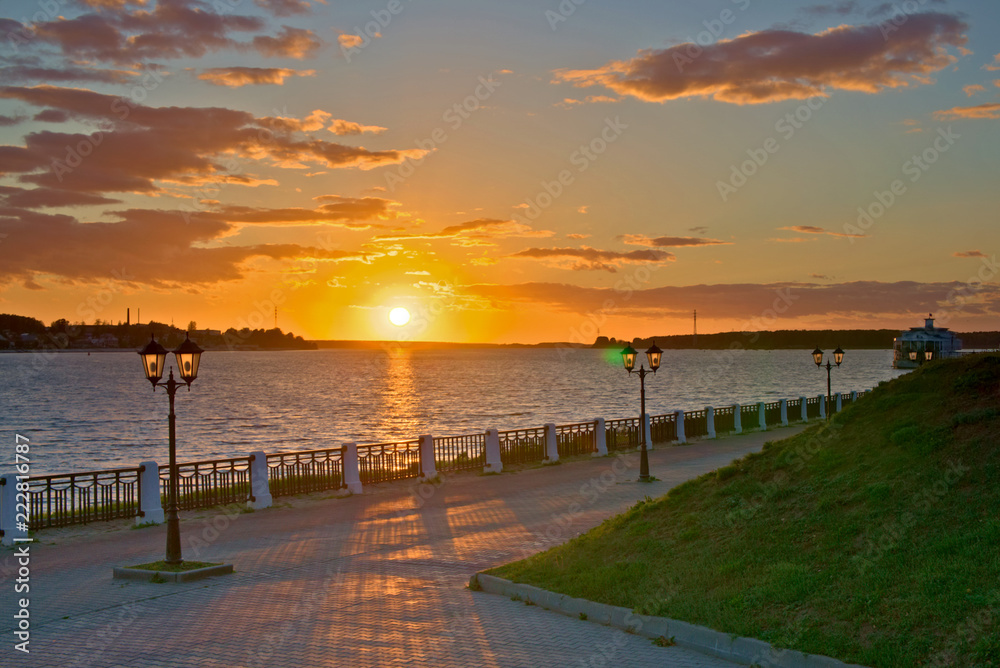 View of the embankment and the Volga river at sunset. Kostroma, Russia.