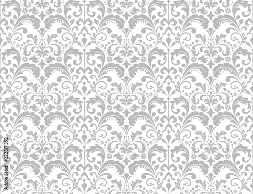 Wallpaper in the style of Baroque. Seamless vector background. White and grey floral ornament. Graphic pattern for fabric, wallpaper, packaging. Ornate Damask flower ornament.