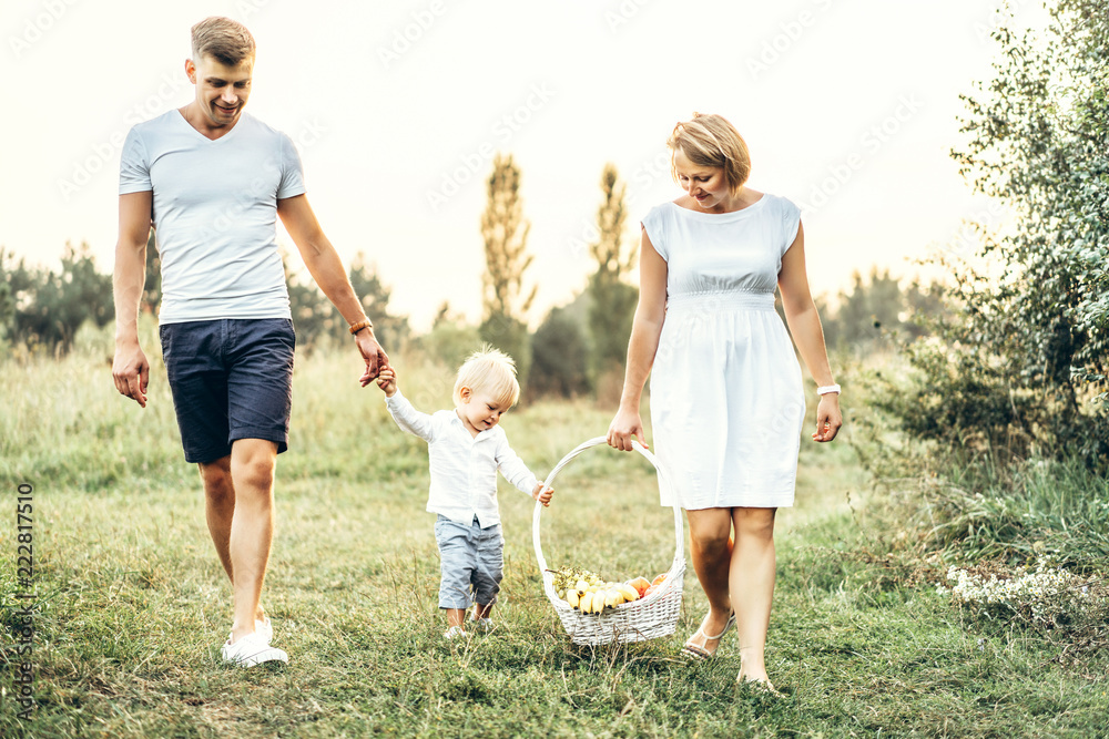 Fototapeta premium Young parents with little baby boy on picnic outdoor