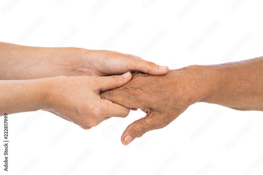 old and young female hand isolated on white background old and young female hand isolated on white background