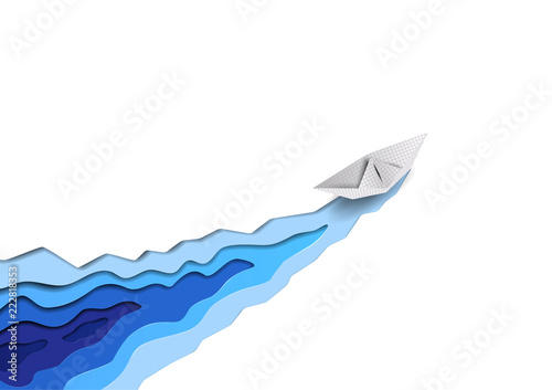 Vector seaborne paper ship cuts white ice and sea blue water waves like icebreaker. Hard working concept for corporate brochures  web sites. Vector paper cut style problem solving conceptual image