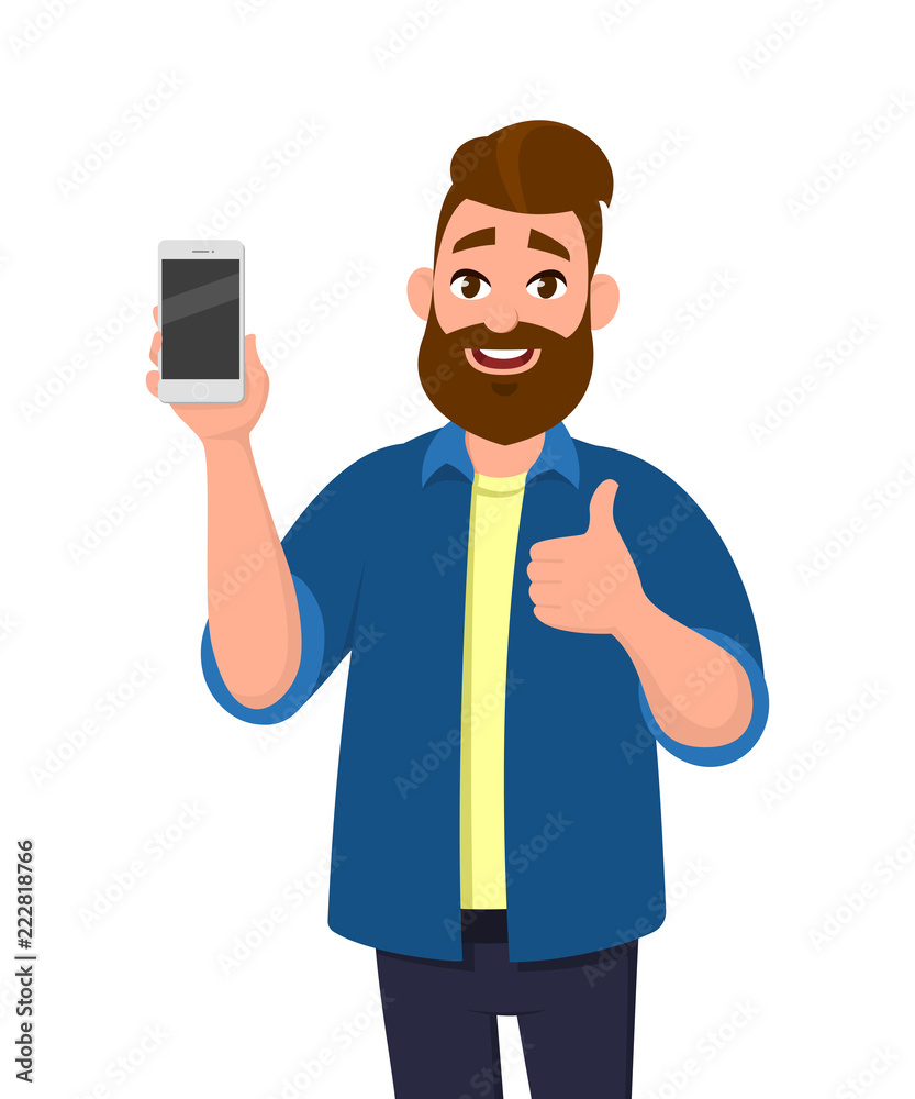 Happy young man showing smartphone and showing thumbs up or like sign. Mobile phone technology concept. Vector illustration in cartoon style.